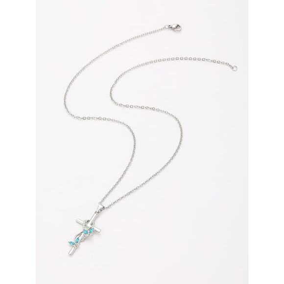 Sterling Silver Bow Cross Pendant Necklace with Blue Gemstones New Open Package - Picture 5 of 7